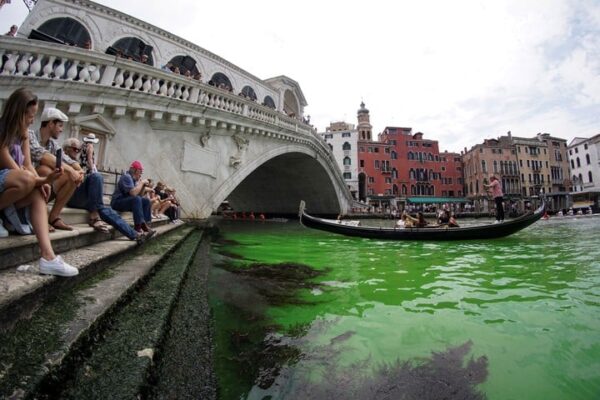 Surge misteriosa agua verde en los canales de Venecia